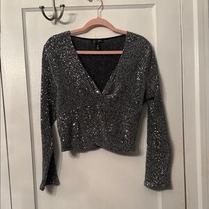 Sequin V-Neck Black Top